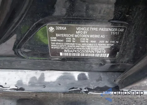 2011 BMW 328I xDrive из США, поврежденный, VIN WBAPK5G50BNN79419